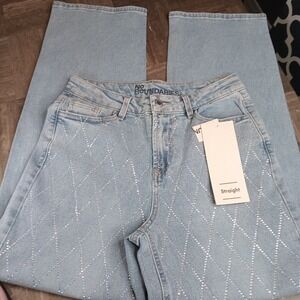 Womens No Boundaries Womens 0 High Rise Slim Straight Crop Y2K Jeans Rhinestones